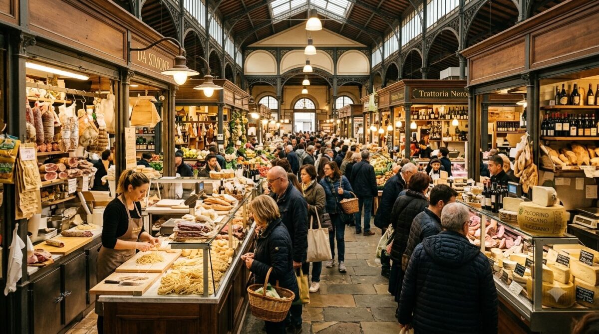 A busy indoor food market hall with stalls in Florence, Italy