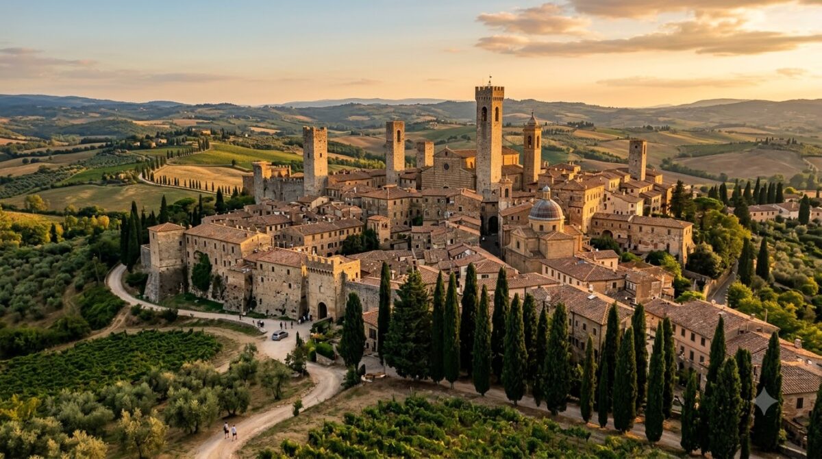 A Tuscan hill town with medieval stone towers above terracotta roofs