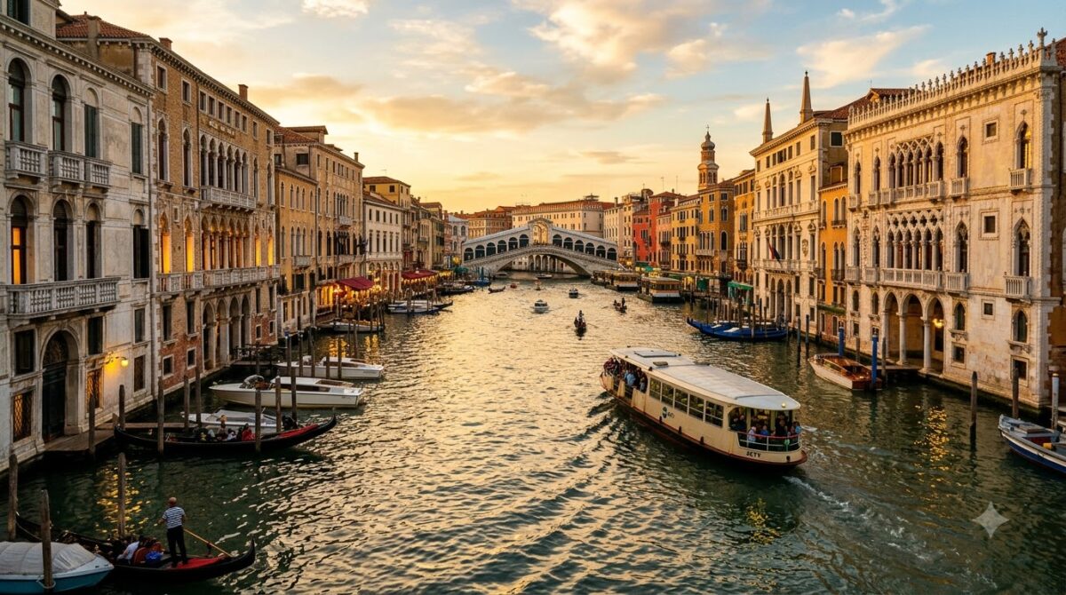 The Grand Canal in Venice, Italy at golden hour with palazzo facades