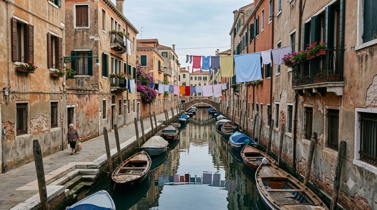 A quiet residential canal with washing lines in Cannaregio, Venice, Italy