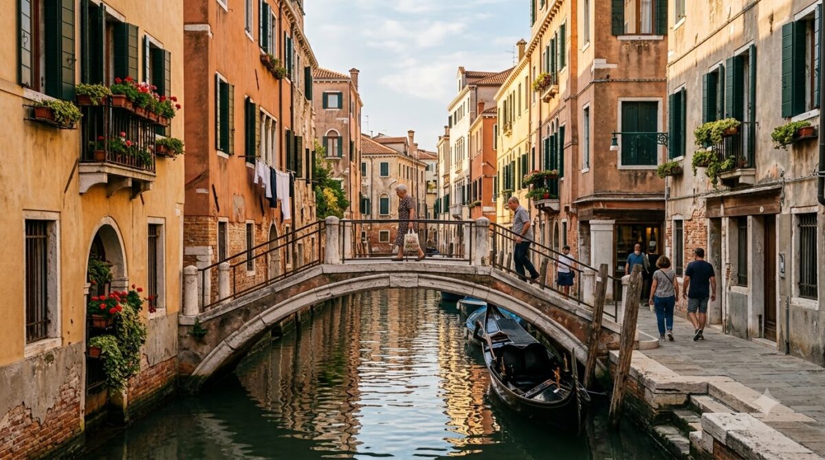 A stone bridge over a narrow canal in Dorsoduro, Venice, Italy