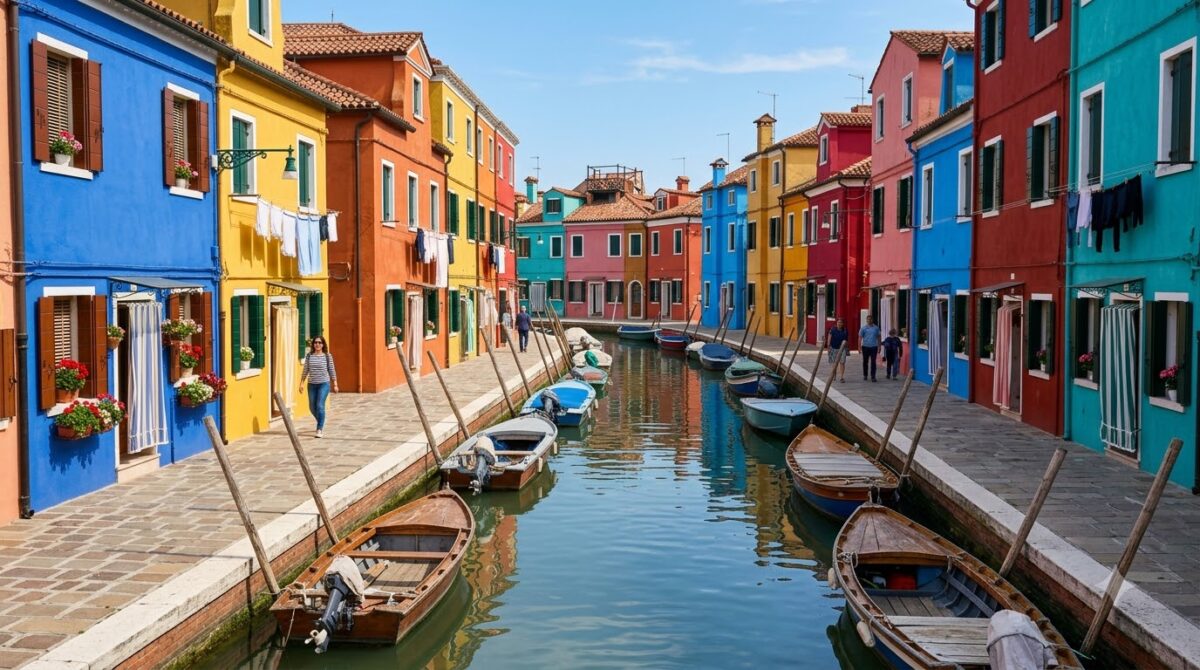 Brightly painted houses along a canal on Burano island near Venice, Italy