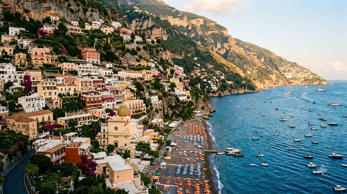The cliffside town of Positano on the Amalfi Coast, Italy above the sea
