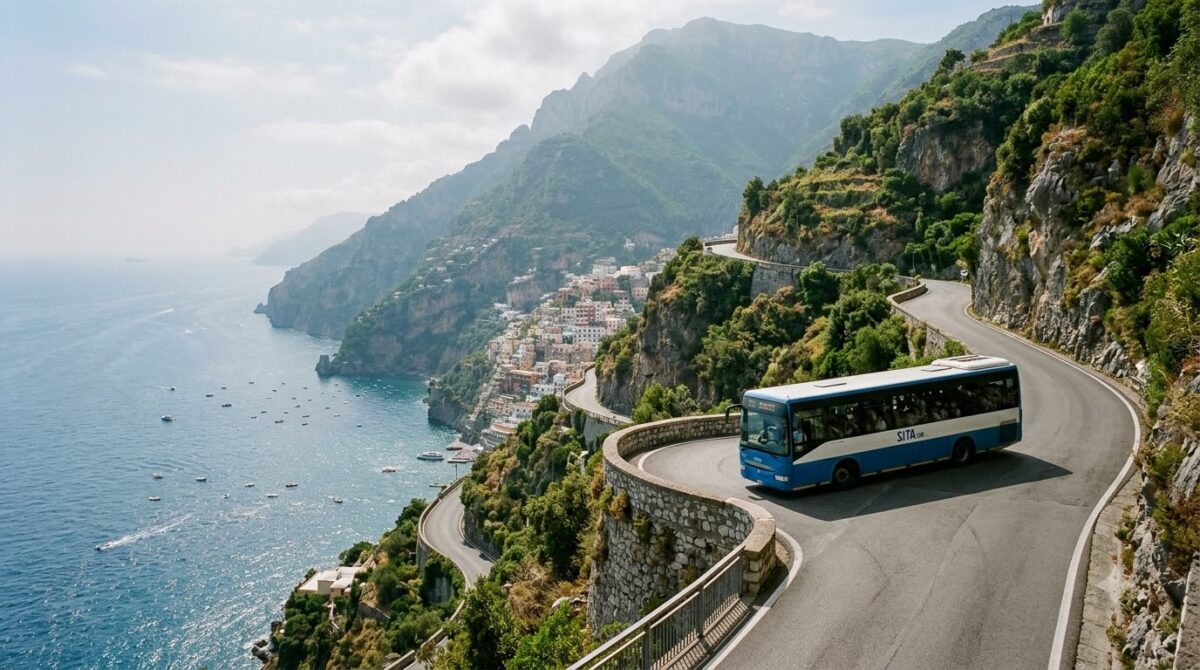 The narrow coastal road along cliffs above the sea on the Amalfi Coast, Italy
