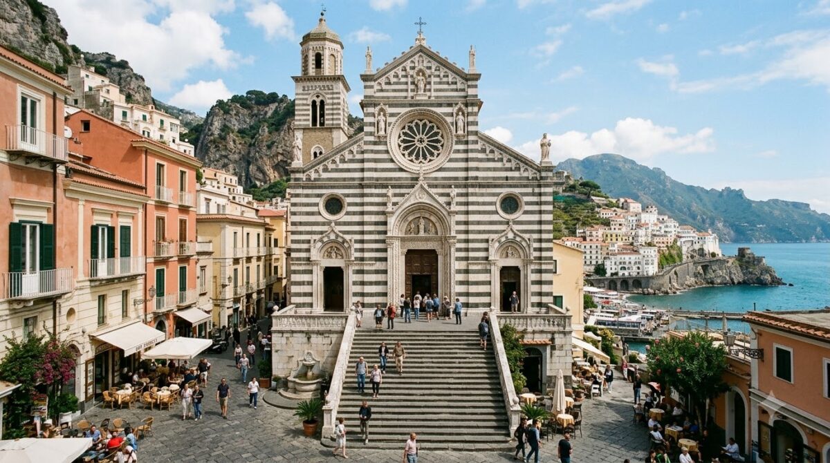 A striped stone cathedral above a staircase in an Italian coastal town square