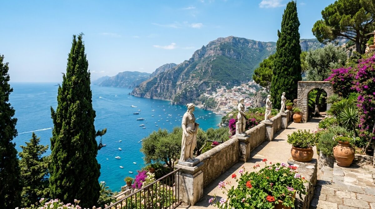 A garden terrace with statues looking over the sea from above the Amalfi Coast, Italy