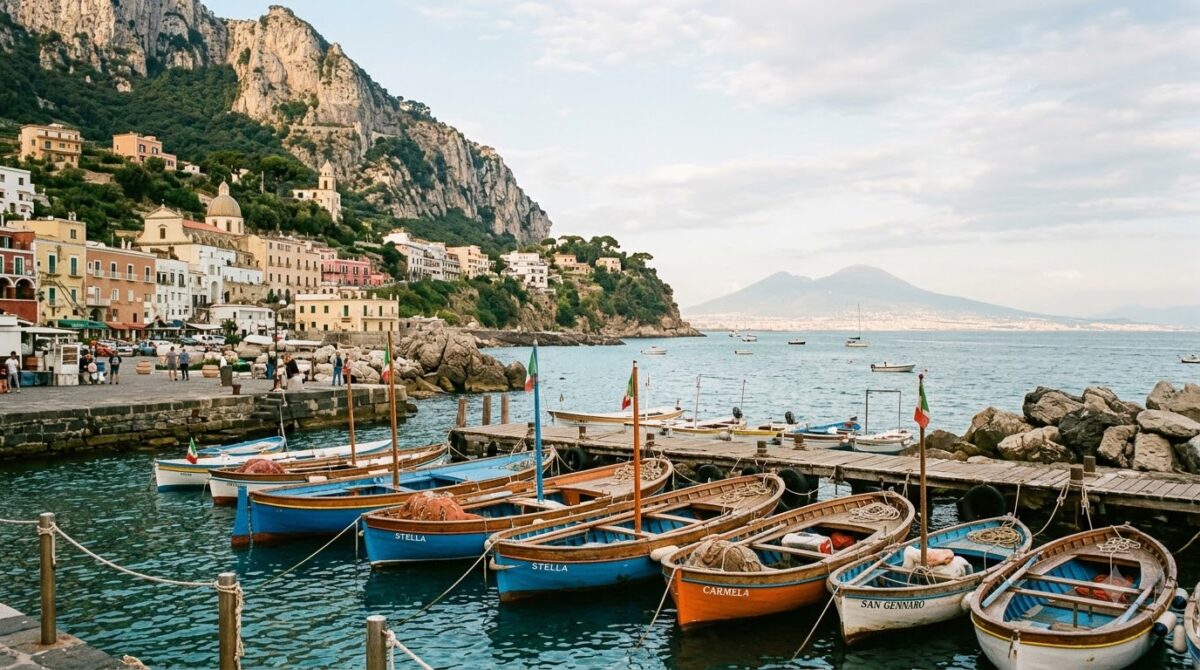 A small harbour with wooden boats below cliffs in southern Italy