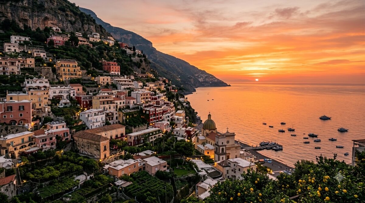 A cliffside village on the Amalfi Coast, Italy at sunset above the sea