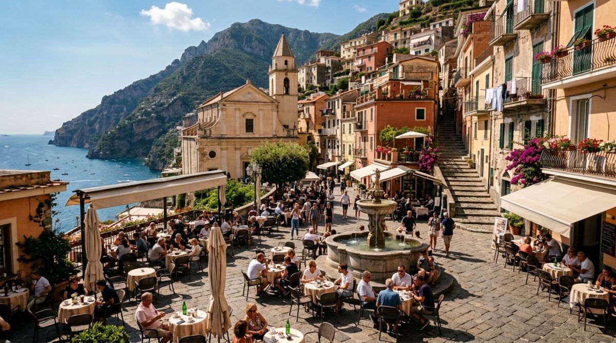 A small coastal town square with cafe tables in southern Italy