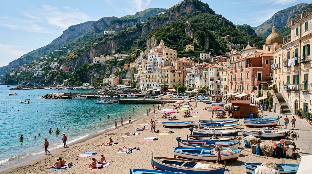 A sandy beach in front of a working Italian coastal town with fishing boats
