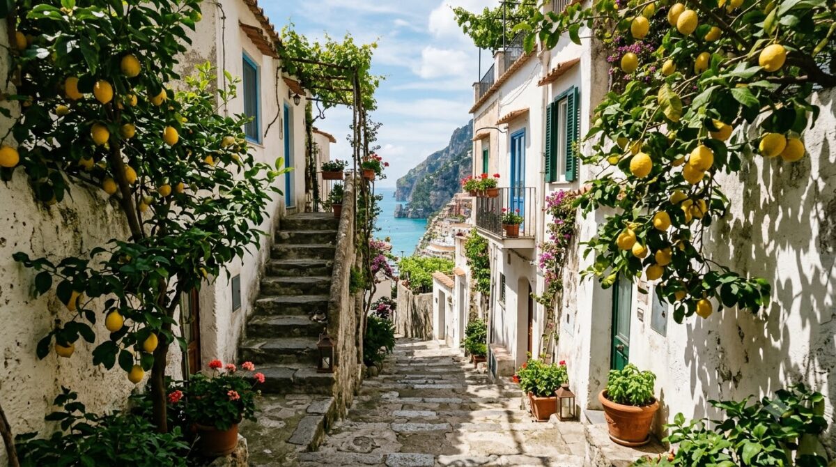Stone steps between whitewashed walls and lemon trees in an Amalfi Coast village