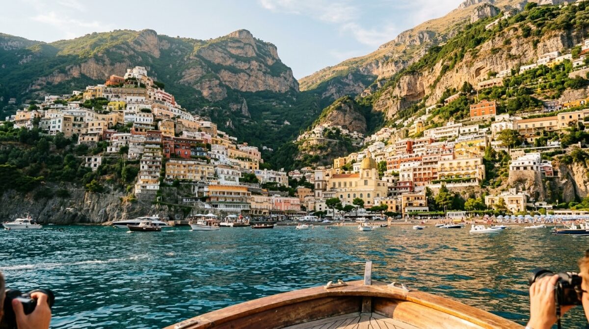 Positano, Italy seen from the water with houses stacked up the cliff