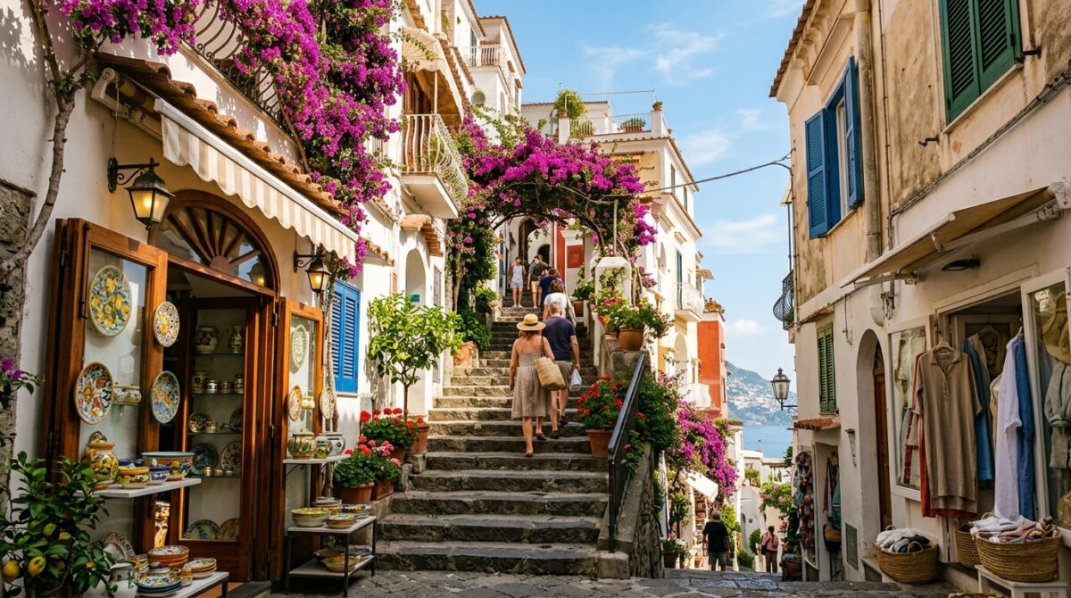 A steep staircase alley with bougainvillea in Positano, Italy
