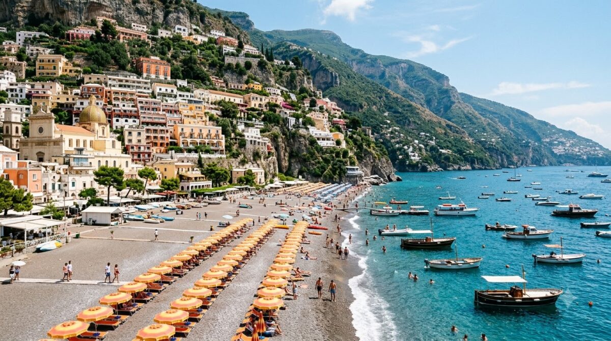 A pebble beach with orange umbrellas below a cliffside town in Italy