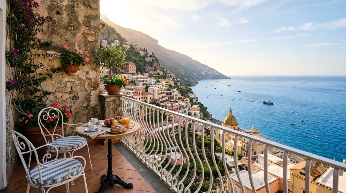 A hotel balcony overlooking a cliffside Italian town and the sea