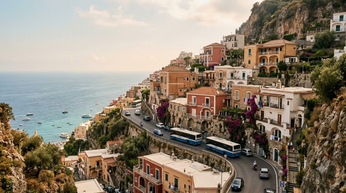 The upper part of a steep Italian coastal town with the main road above the sea