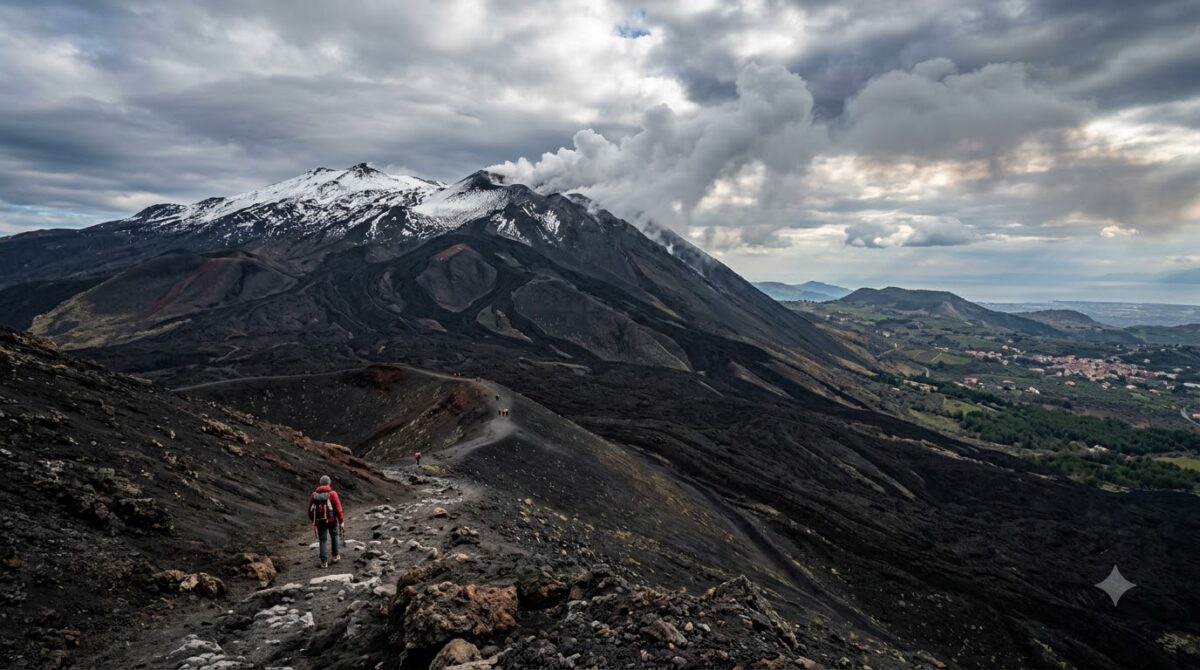 The black lava slopes of Mount Etna in Sicily with a snow-dusted summit