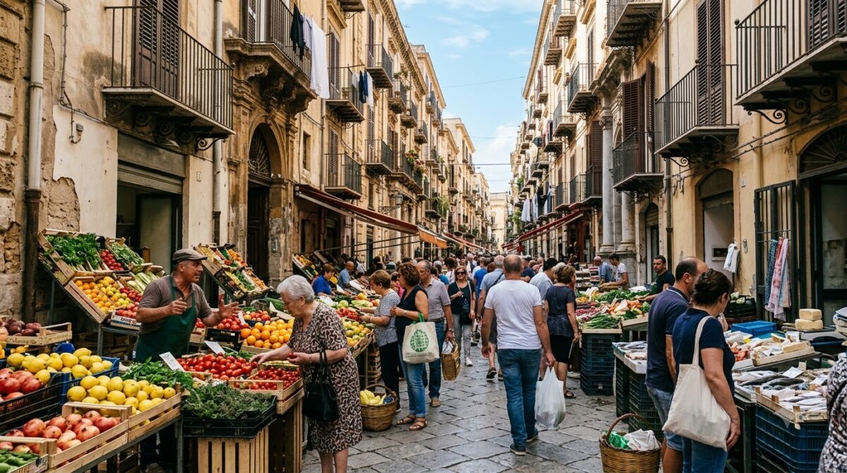 A busy street market with produce stalls in Palermo, Sicily