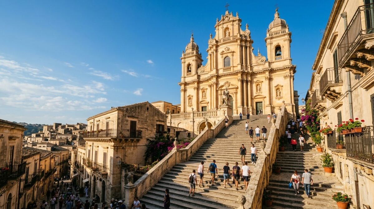 A honey-colored baroque cathedral above a staircase in a Sicilian town