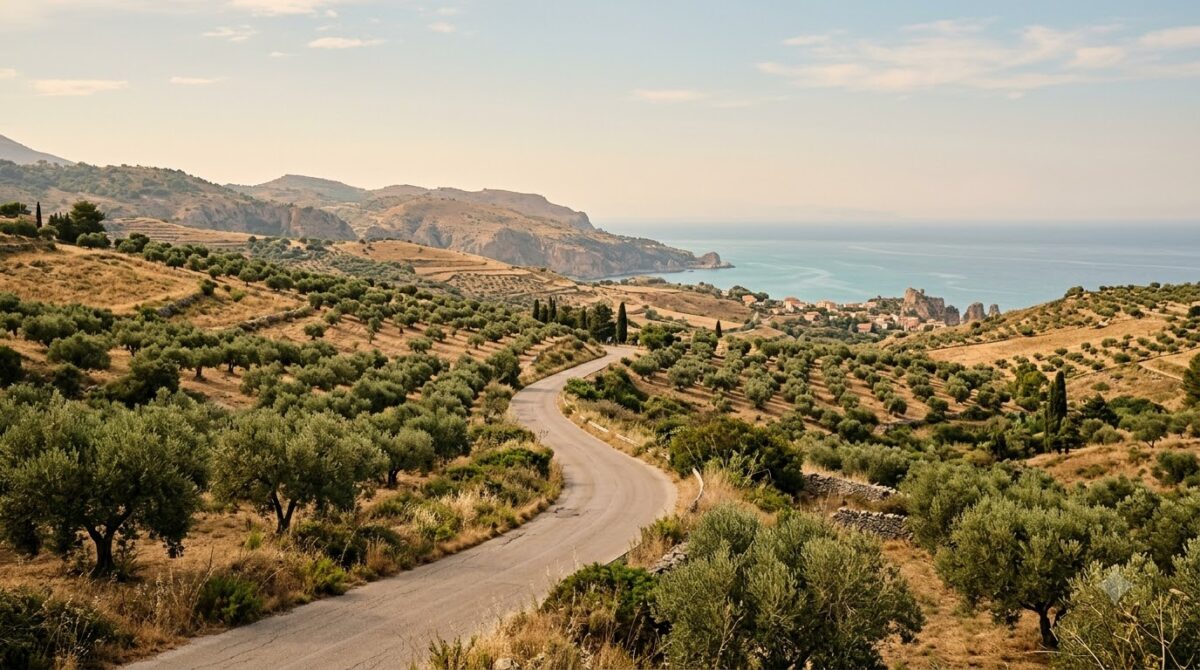 A quiet road through dry hills and olive groves toward the sea in Sicily