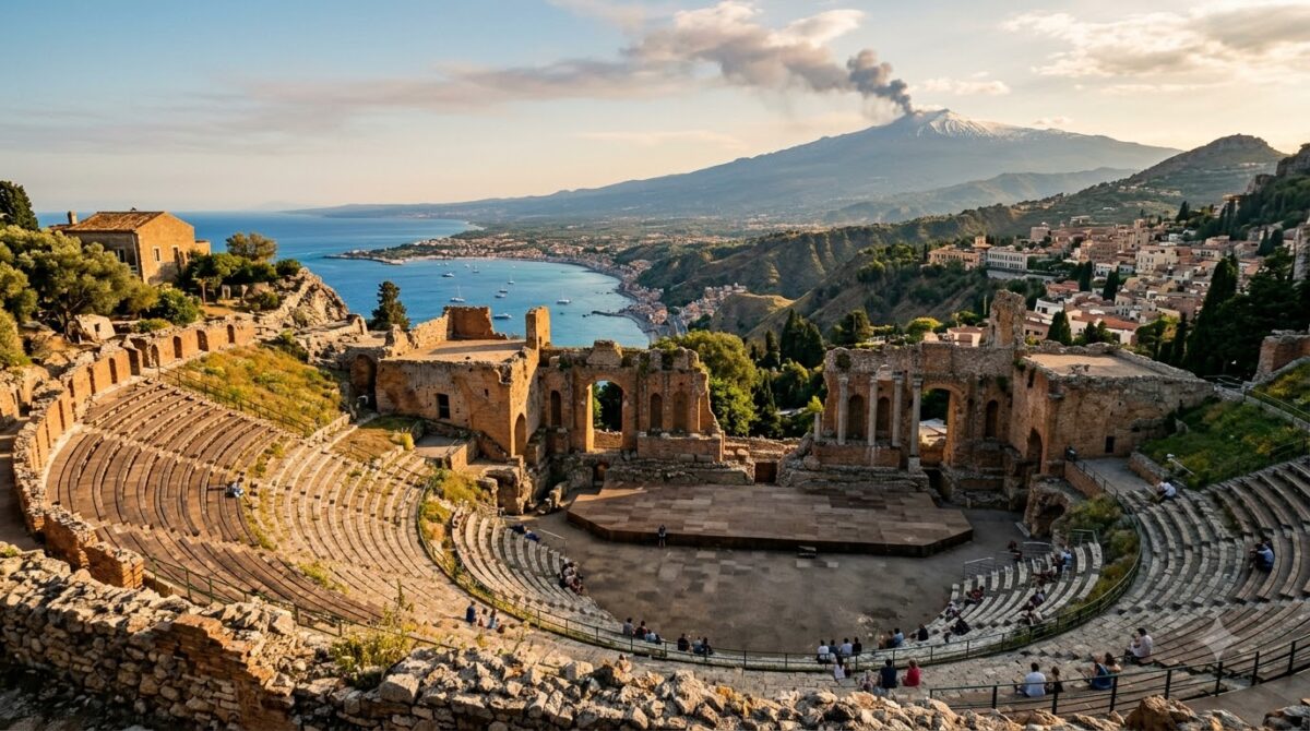 An ancient Greek theater on a hillside in Sicily with Mount Etna behind