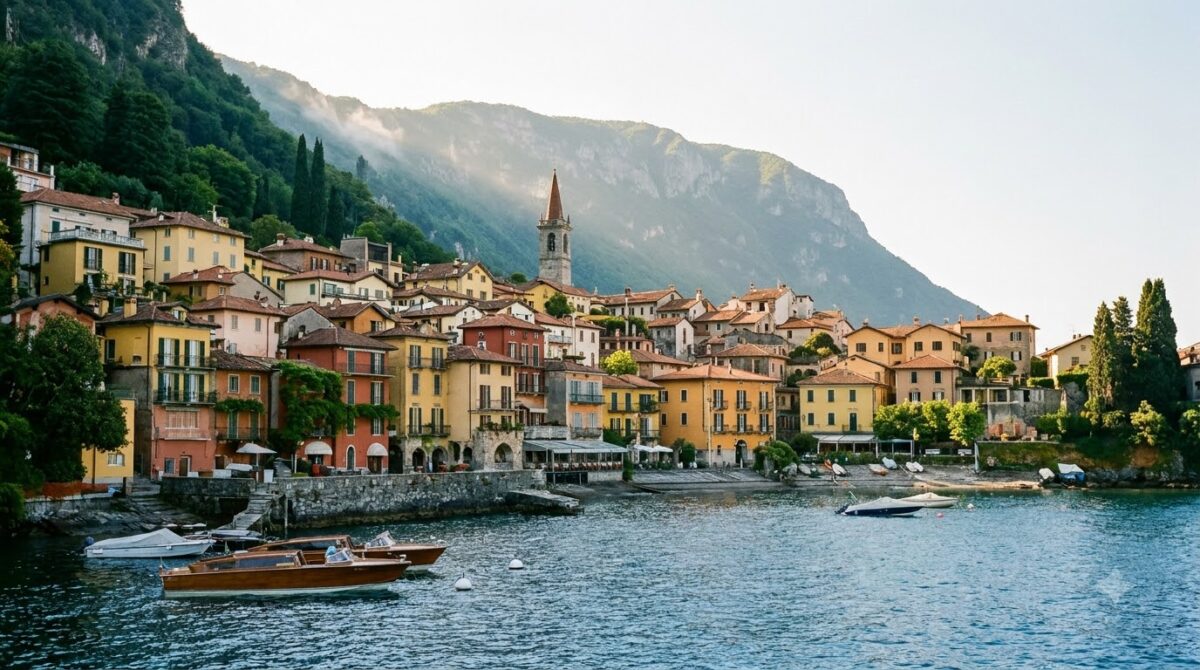 Pastel houses along the waterfront of a village on Lake Como with mountains behind