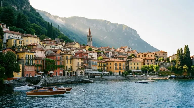 Pastel houses along the waterfront of a village on Lake Como with mountains behind
