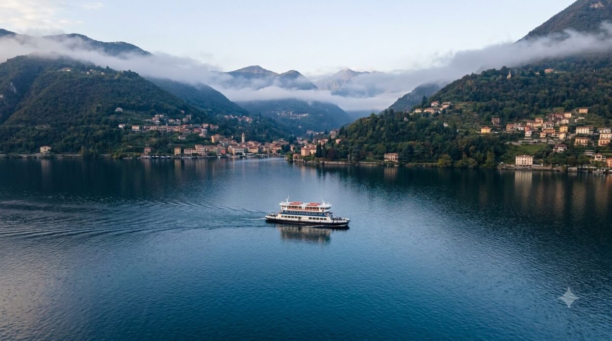 A passenger ferry crossing Lake Como between forested mountain shores