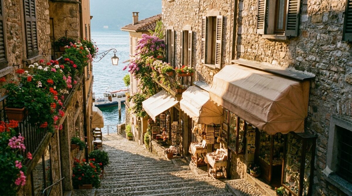 A narrow stepped stone street with shops between old buildings in a Lake Como town
