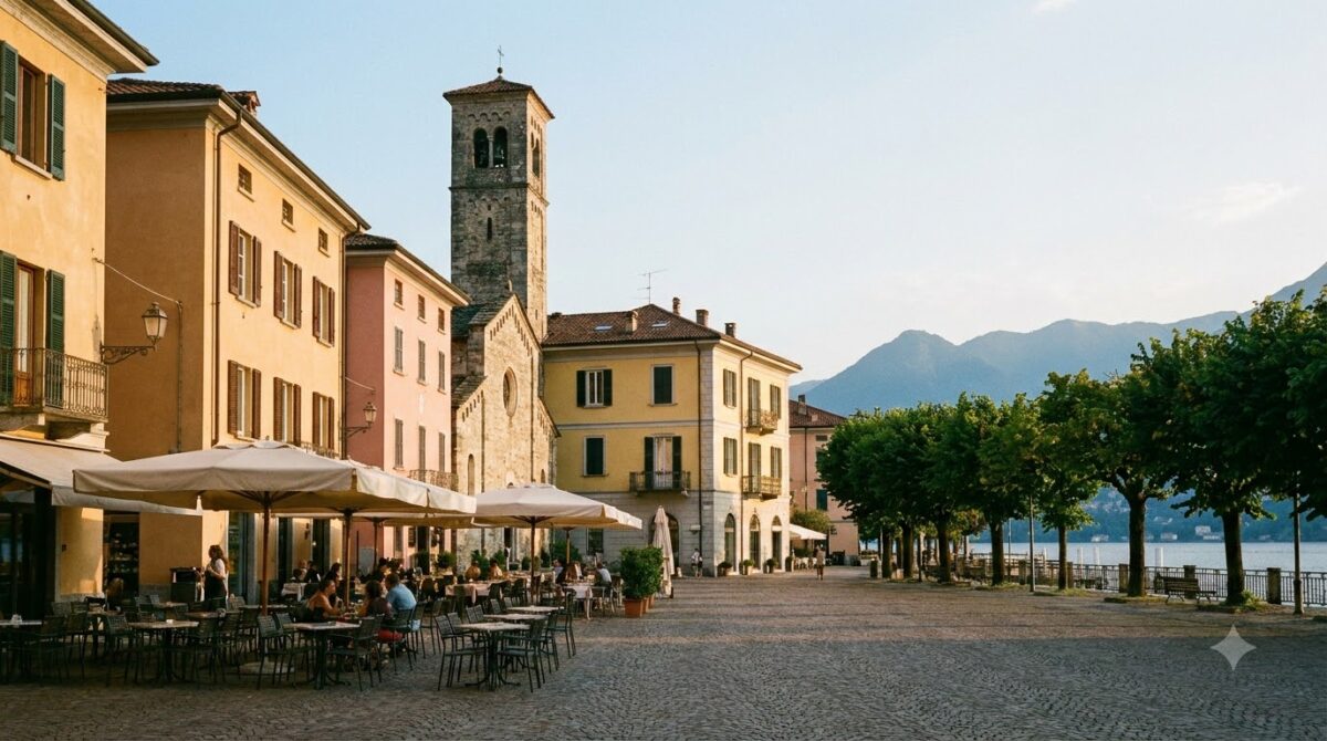A lakeside town square with cafe tables and a church tower on Lake Como