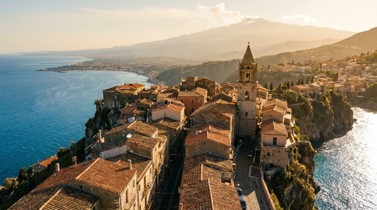 Terracotta rooftops of Taormina on its cliff terrace with Mount Etna behind