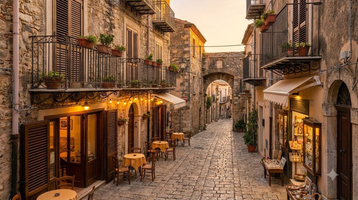 The pedestrian main street of Taormina with shops and stone paving