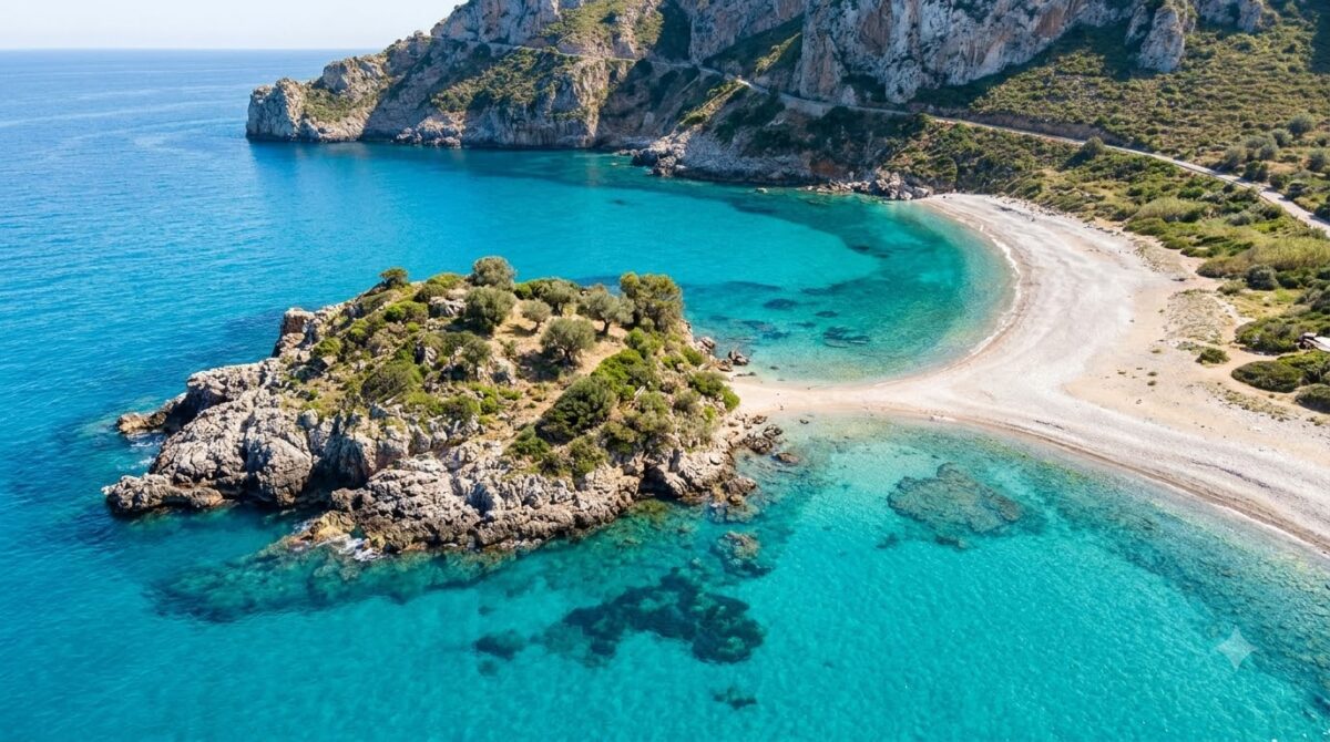 The small island of Isola Bella joined to a pebble beach in Taormina