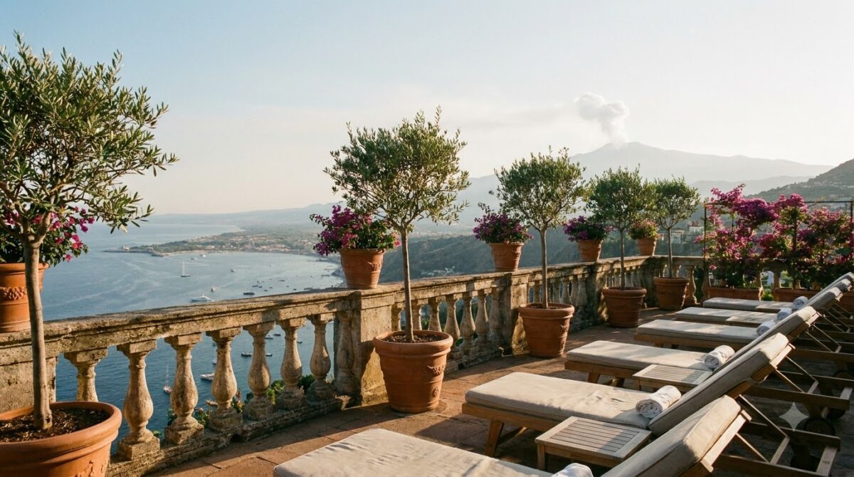 A hotel terrace with a stone balustrade overlooking the sea and a volcano