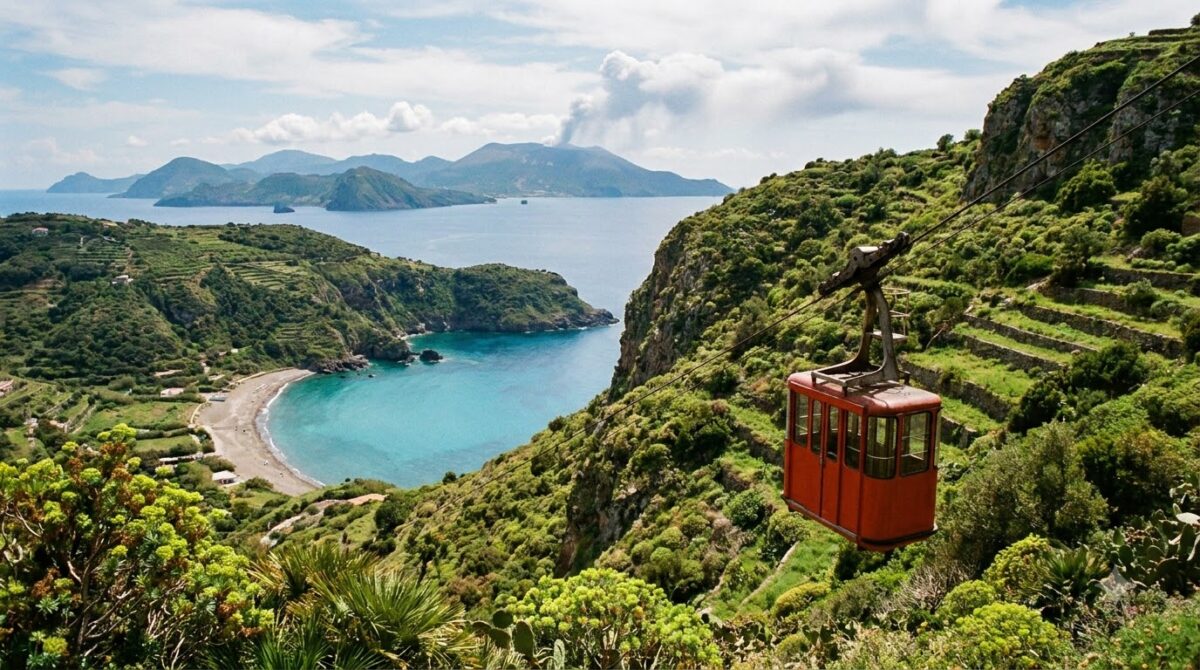 A cable car descending the cliff from Taormina down to Mazzaro bay