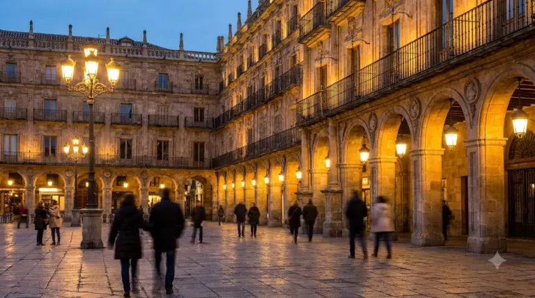 A grand arcaded plaza in a Spanish city lit at dusk