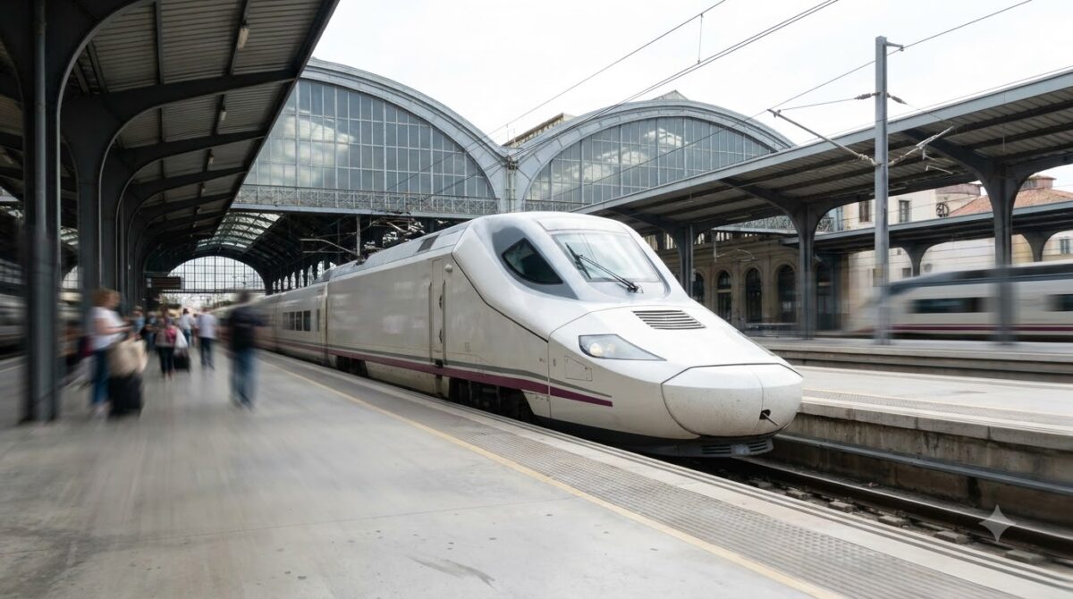 A high speed AVE train at a station platform in Spain