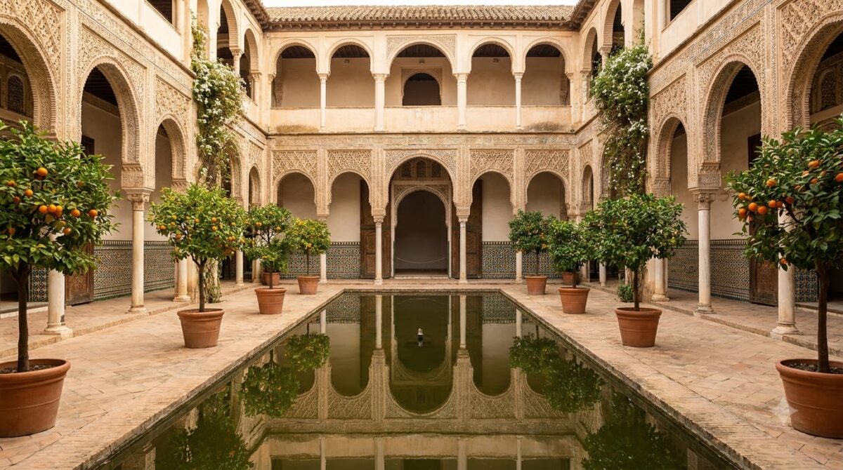 A Moorish palace courtyard with horseshoe arches and a reflecting pool