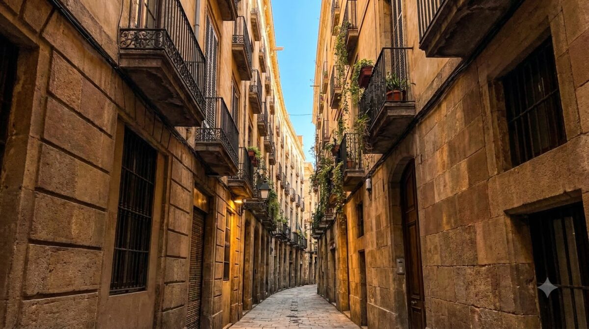 A narrow stone alley in the Gothic Quarter of Barcelona