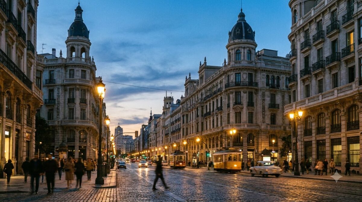 The Gran Via boulevard in Madrid at dusk with early twentieth century buildings