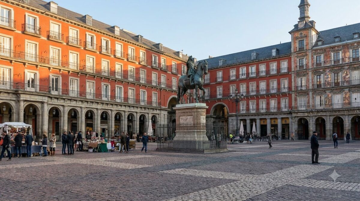 The arcaded Plaza Mayor square in Madrid in morning light