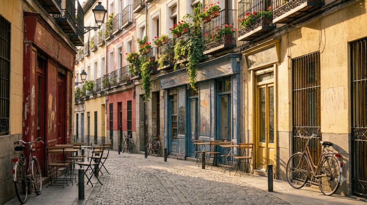 A quiet street with cafe tables in the Malasana neighborhood of Madrid