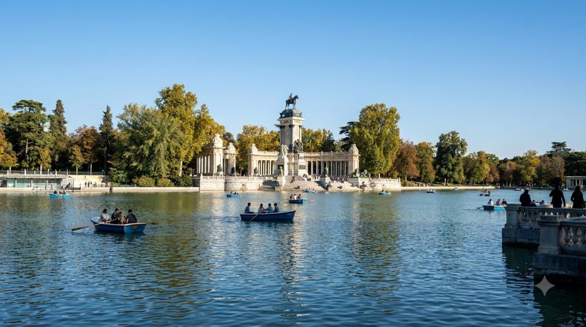 The boating lake and colonnaded monument in Retiro Park, Madrid