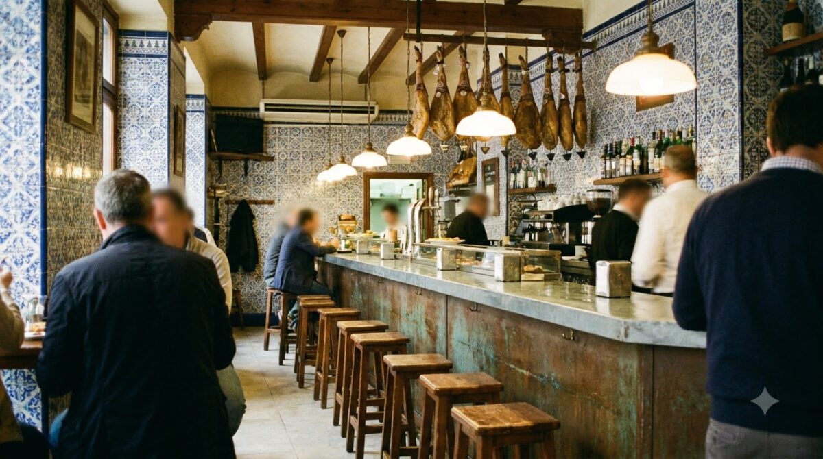 The interior of a traditional tiled tapas bar in Madrid