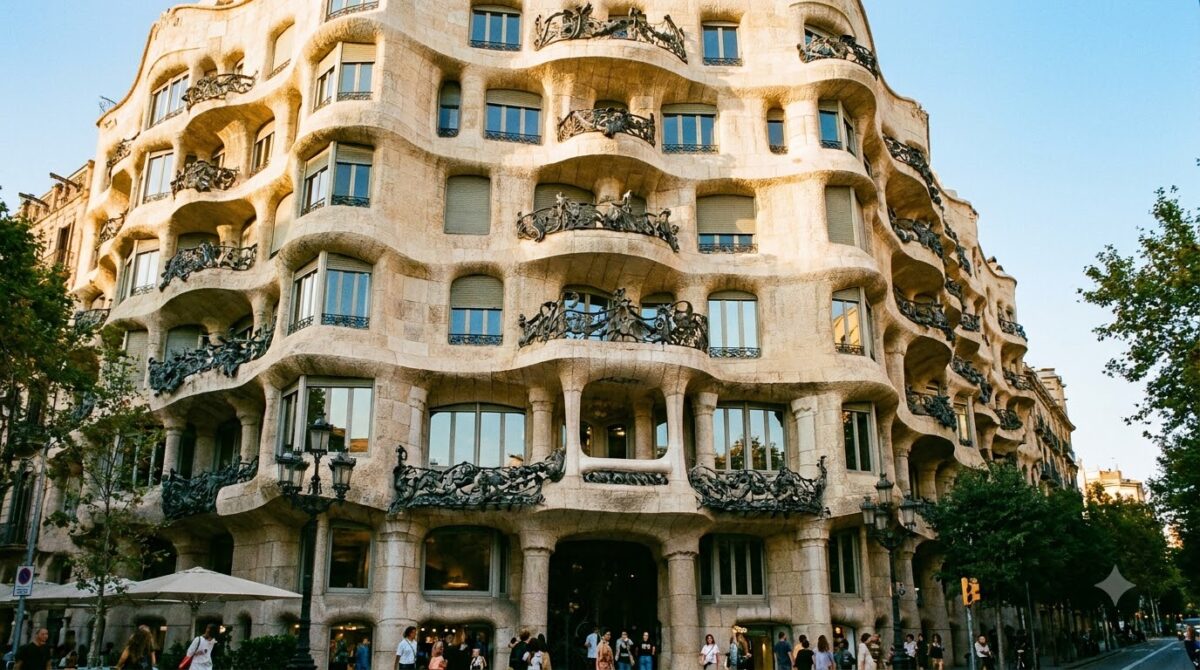 The wavy stone facade and iron balconies of a Gaudi building in Barcelona