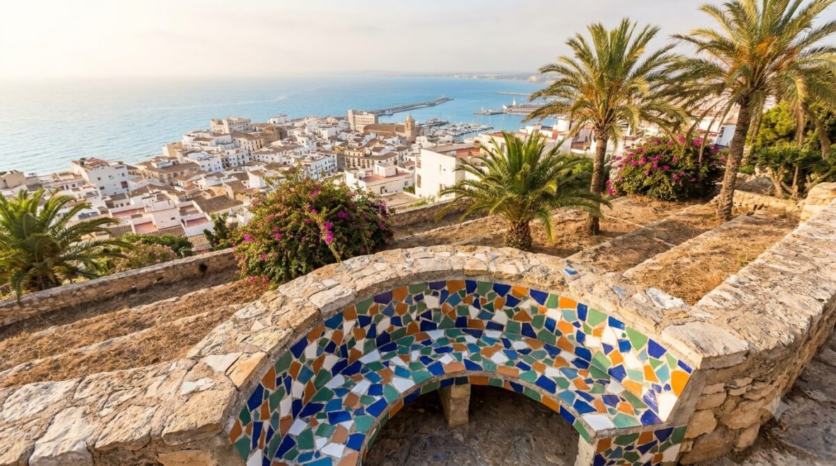 A curved mosaic bench on a hillside terrace overlooking Barcelona