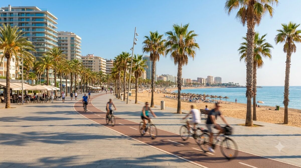 The Barceloneta beach promenade with palm trees and the Mediterranean sea