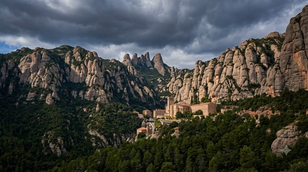 The rounded rock pinnacles of Montserrat with a monastery below them