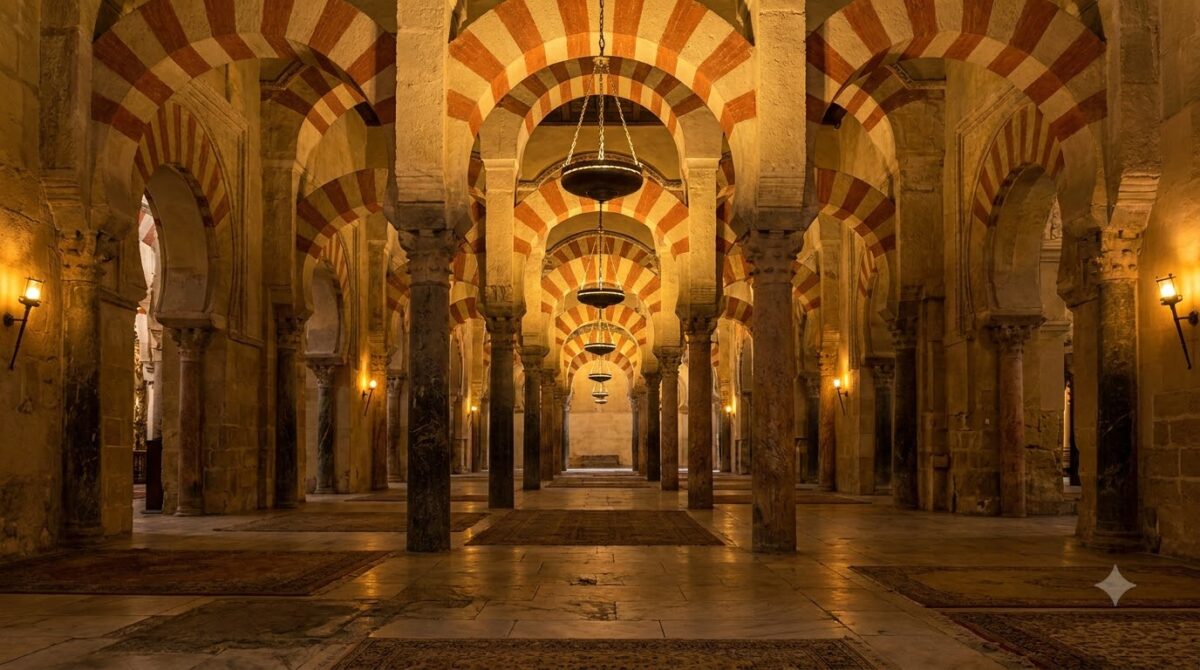 The striped double arches inside the Mezquita of Cordoba