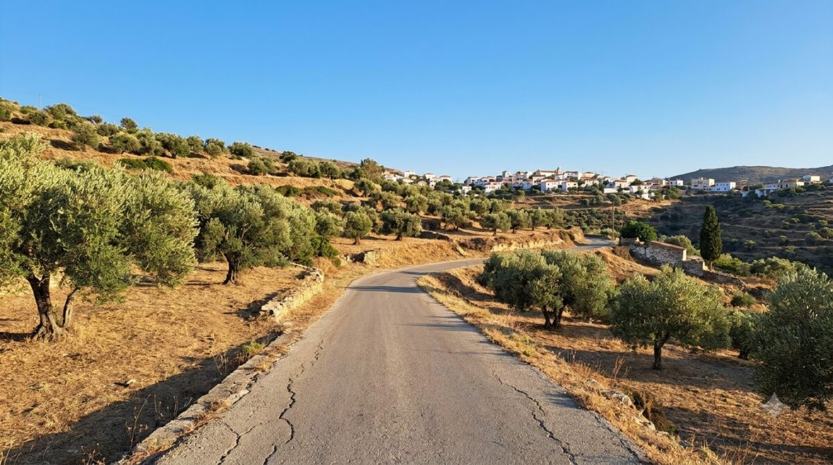 A road running through olive groves and hills in Andalusia